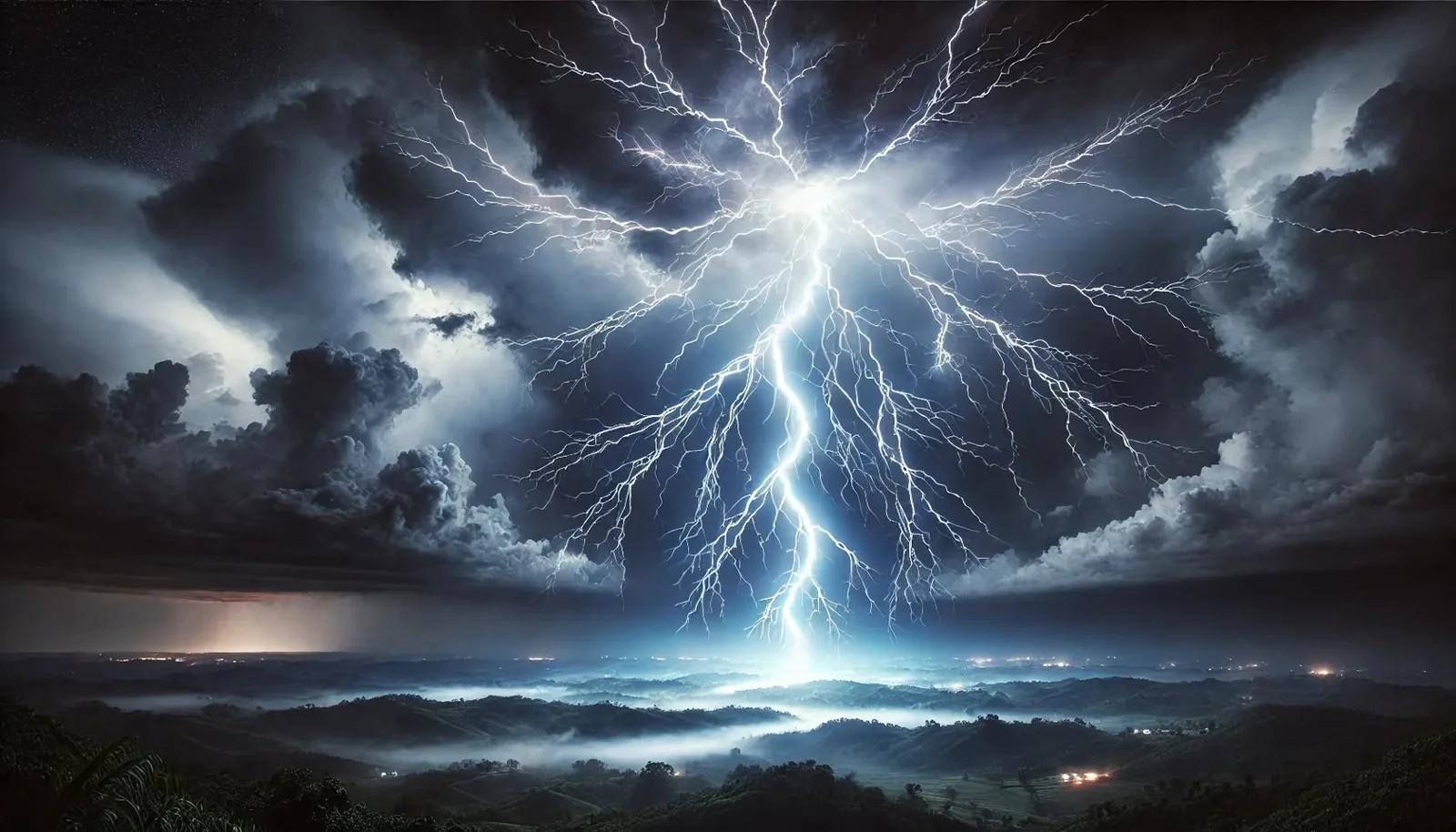 A massive bolt of lightning branches across a dark, stormy night sky above misty hills, with scattered lights glowing in the valley below.
