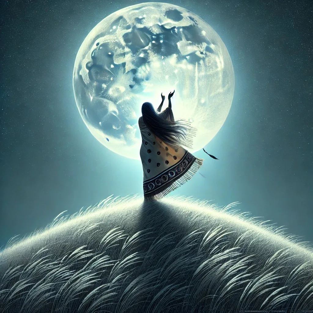 Illustration of a woman with long dark hair in a fringed shawl, standing on a grassy hill with arms raised toward a huge glowing full moon in a starry sky.