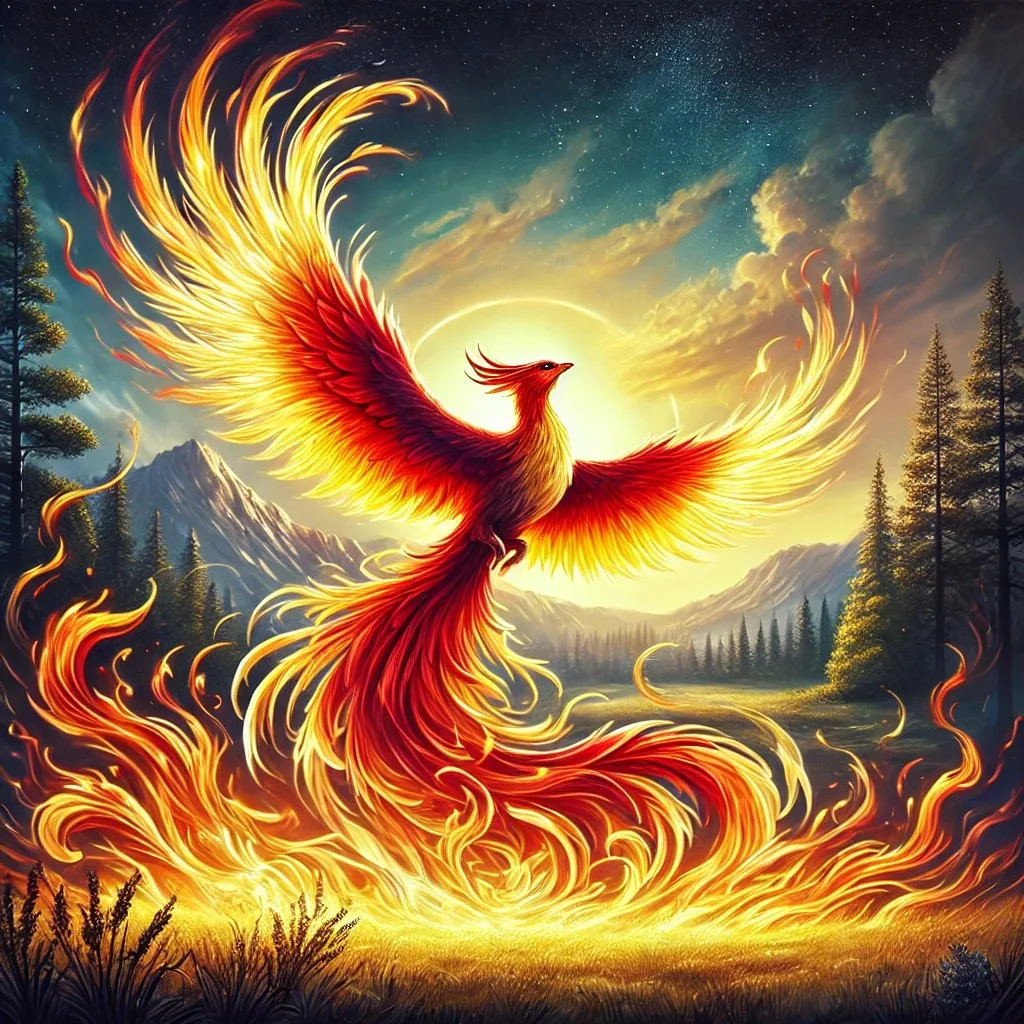 A painted phoenix with fiery red and gold wings rises from swirling flames in a meadow, framed by pine trees and mountains beneath a glowing sun and starry sky.