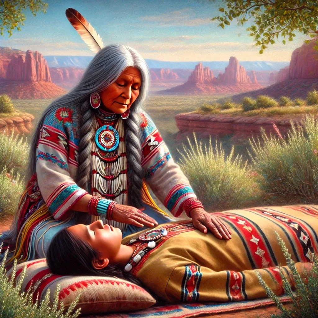 Painting of a gray-haired elder woman in a feather and beaded regalia resting her hands on a young person lying on a woven blanket, red rock canyons behind them.