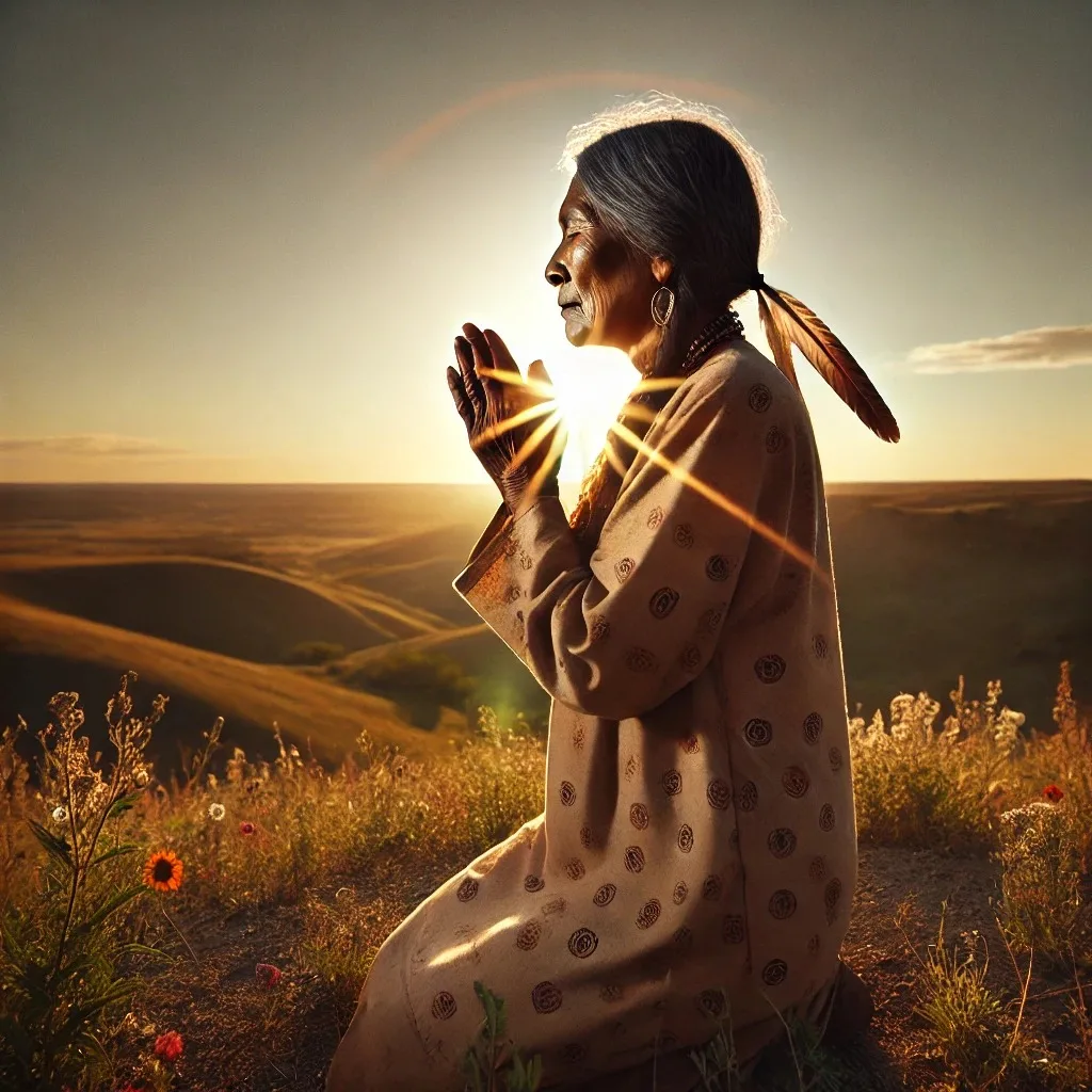 An elder woman with gray hair and a feather in her braid kneels in prayer on a grassy hilltop, hands pressed together, as the sun sets over rolling prairie.