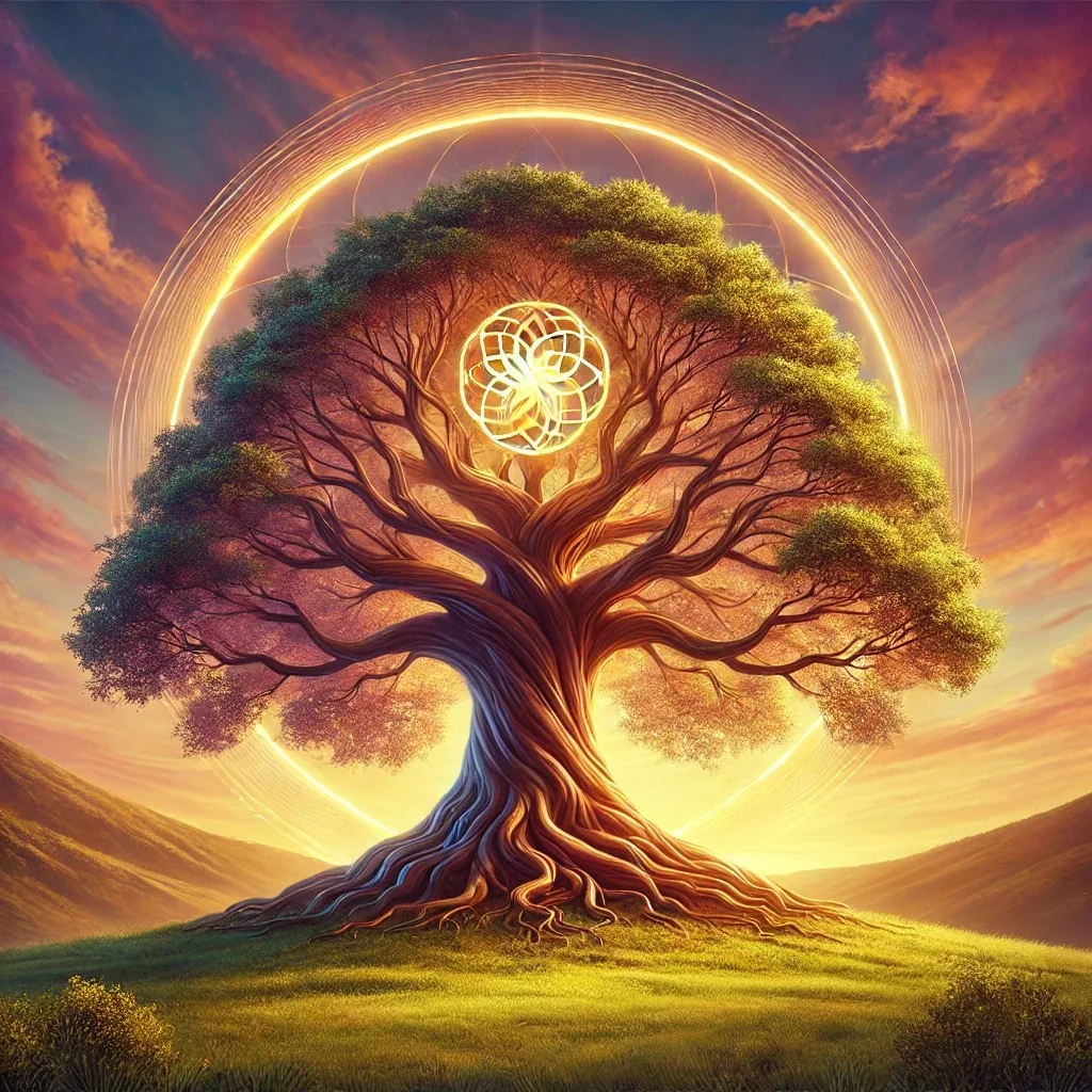 A great tree with spreading branches and deep roots stands on a grassy hill at sunset, framed by a glowing golden circle with a luminous geometric flower at its center.