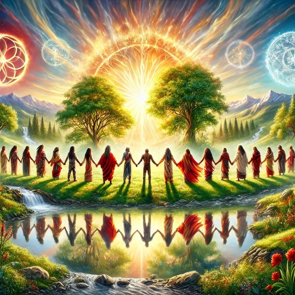 Painting of people in colorful robes holding hands in a line across a green meadow, reflected in a stream, beneath two trees, a radiant sun and glowing sacred geometry symbols.