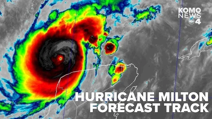 Colorized satellite image of Hurricane Milton, a large swirling storm with a tight eye over the Gulf of Mexico near the Yucatán Peninsula, with the caption "Hurricane Milton Forecast Track."