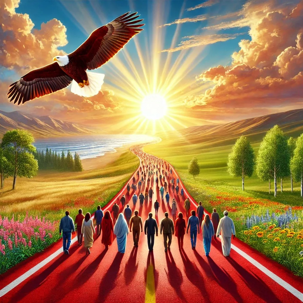 A painted scene of a diverse crowd walking away along a long red road through flowering meadows toward a radiant sun, with an eagle soaring overhead and a lake and hills beyond.
