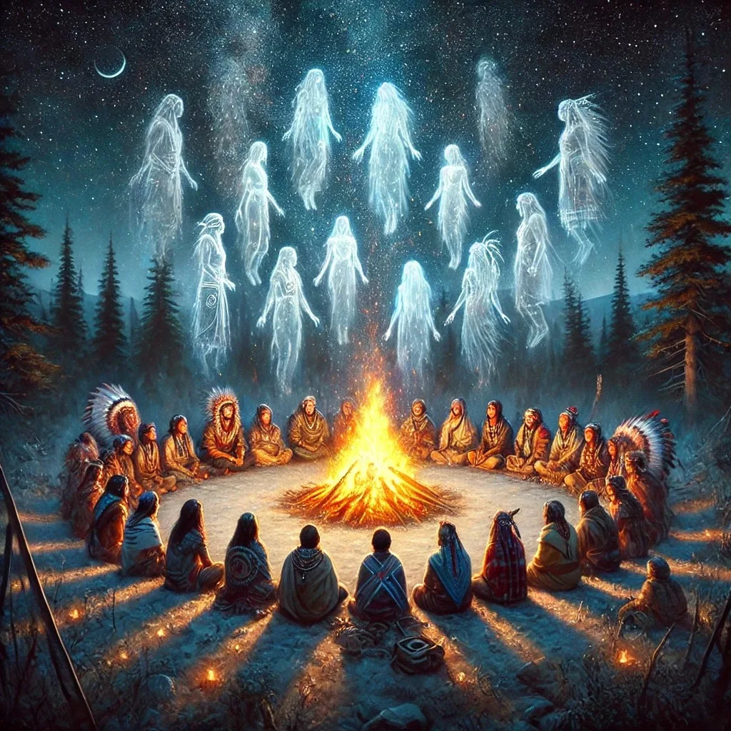 Painting of Indigenous people, some in feather headdresses, seated in a circle around a campfire at night in a forest, with glowing translucent spirit figures floating in the starry sky above.