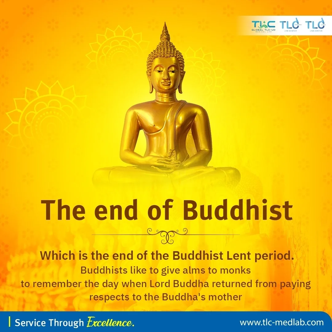Golden seated Buddha statue in meditation against a bright orange and yellow background. Text reads "The end of Buddhist" Lent, noting Buddhists give alms to monks on this day.