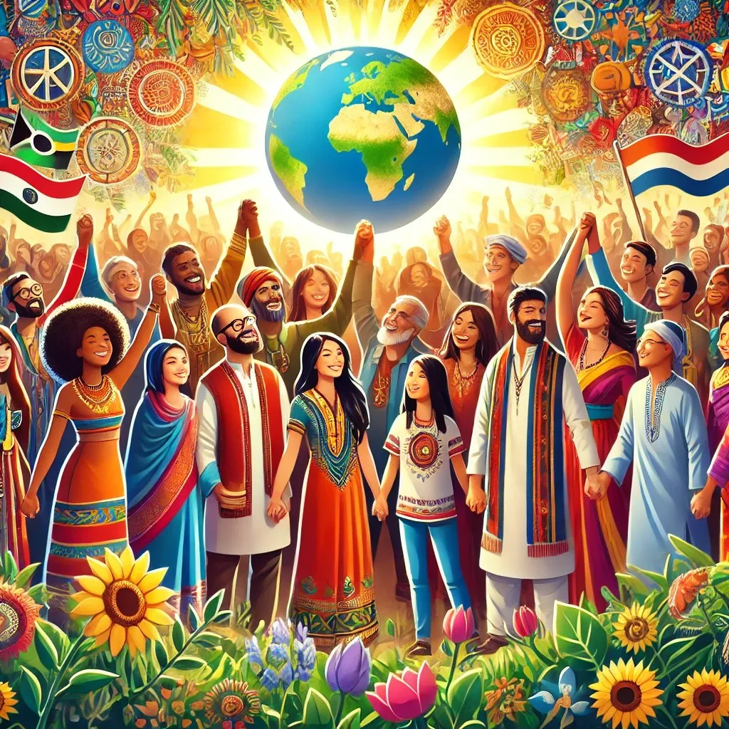 Colorful illustration of diverse people in traditional clothing holding hands and raising arms in celebration beneath a glowing Earth, with flags, symbols and sunflowers around them.