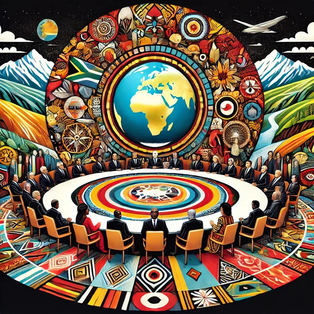 Colorful illustration of leaders in dark suits seated around a large round table with a concentric-ring design, beneath a globe centered on Africa, framed by Indigenous-style patterns and mountains.