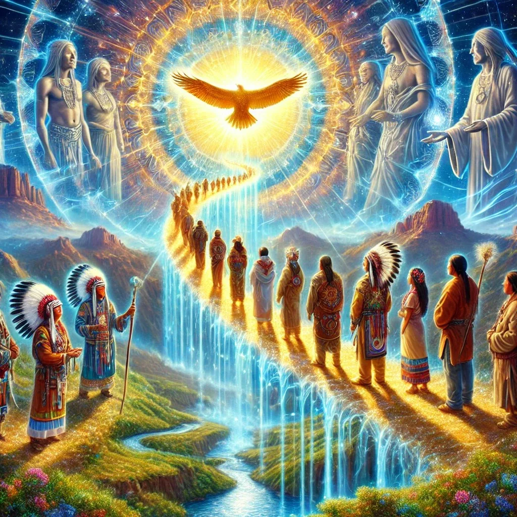 Painting of Indigenous people in regalia and feather headdresses walking a glowing golden path beside a waterfall toward a radiant sun with an eagle, as luminous ancestor spirits look on.