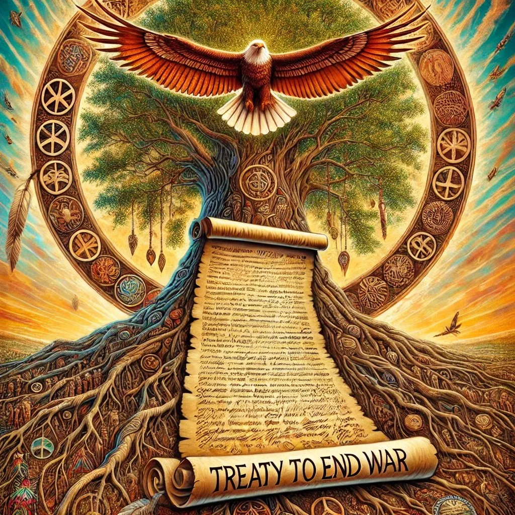 Painting of an eagle with outstretched wings above a great tree inside a ring of sacred symbols, its roots surrounding an unrolled scroll labeled "Treaty to End War."