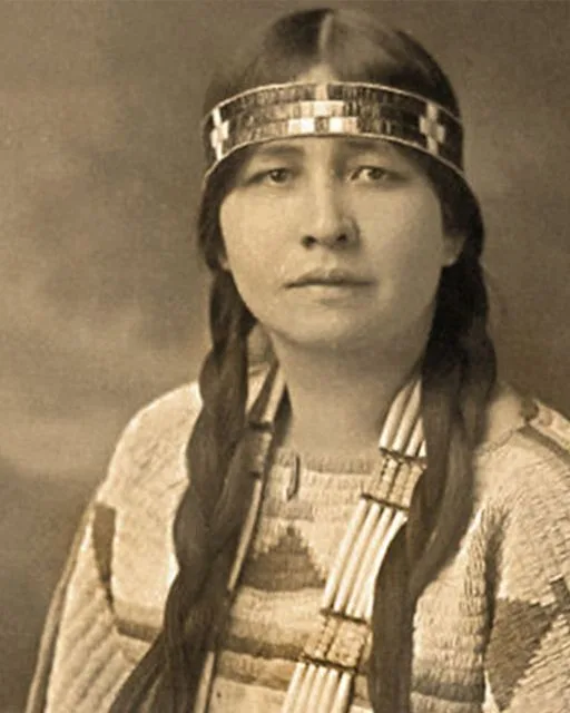 Sepia portrait of a young Indigenous woman with long braids, a beaded headband, a bone-bead necklace and a woven top with geometric patterns.