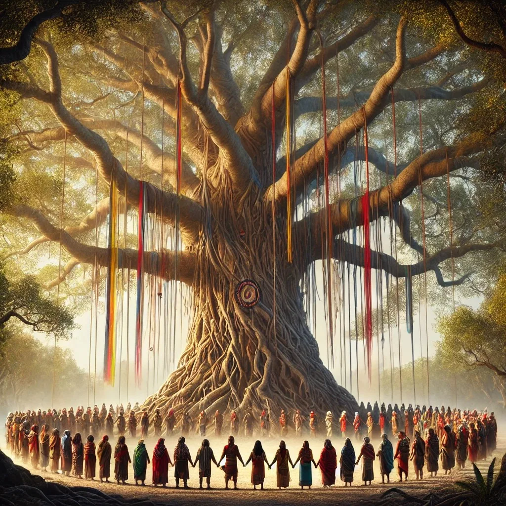 A vast ancient tree hung with long red, yellow and blue ribbons and a circular emblem on its trunk, encircled by a large crowd of people in colorful shawls holding hands.