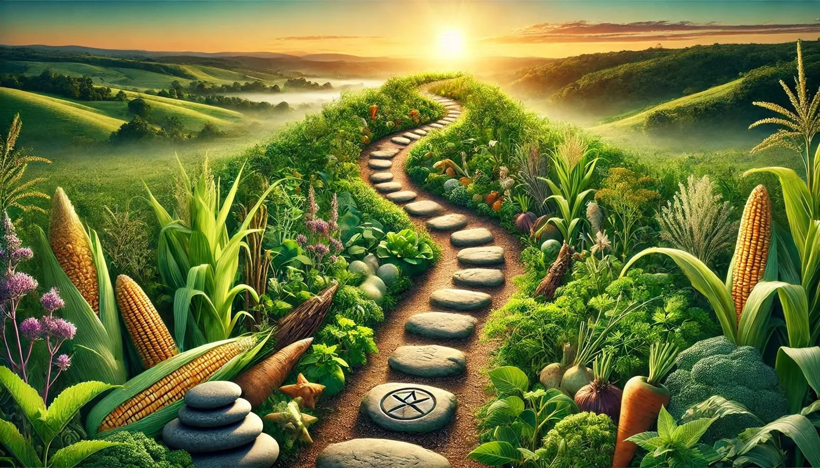 A stone path winds up a lush green hill toward a rising sun, bordered by corn, carrots, herbs and wildflowers, with stacked stones and a carved symbol on one stone.