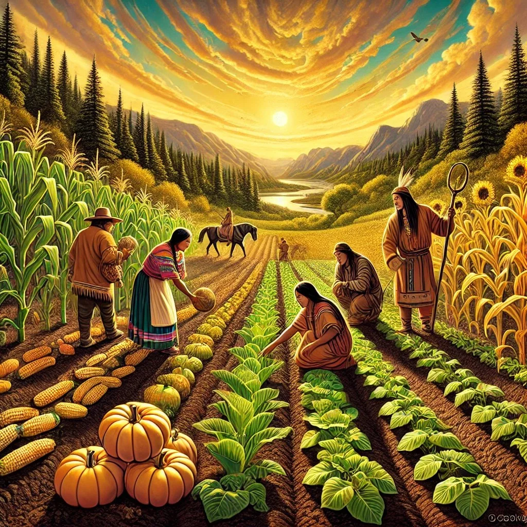 Painting of Indigenous people tending rows of corn, squash and leafy crops in a valley at sunrise, with a rider on horseback, a river and mountains beyond.