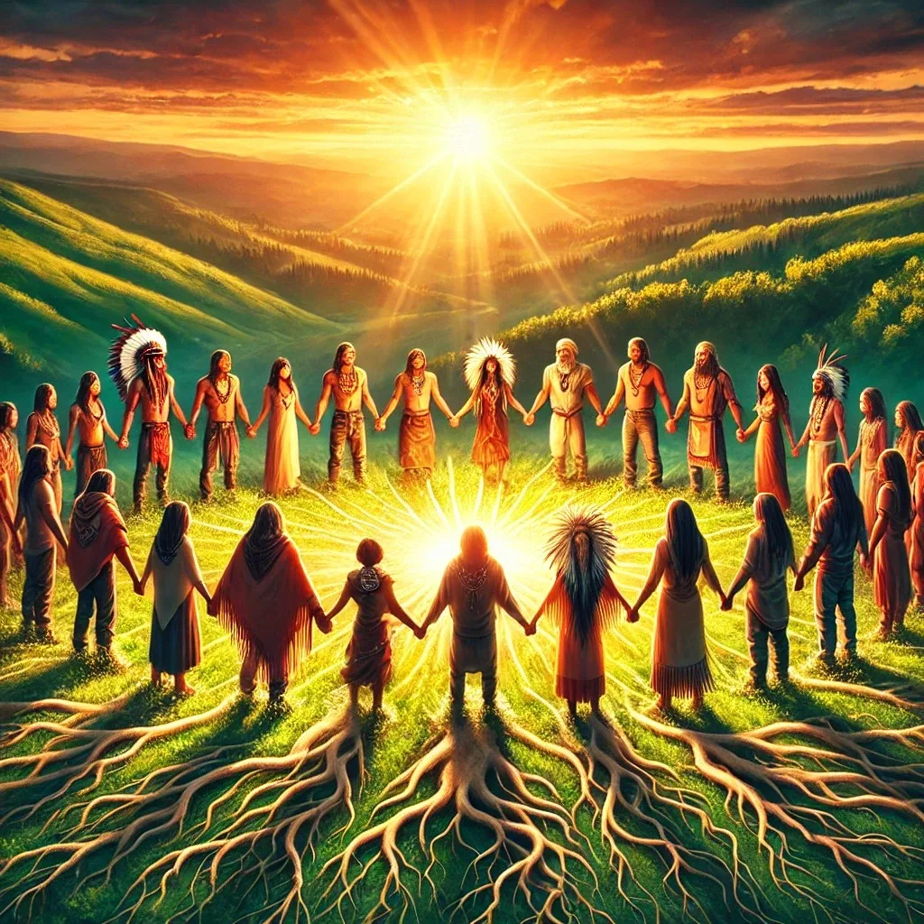 Illustration of Indigenous people in traditional dress holding hands in a large circle on a green hillside at sunset, with radiant sunlight above and tree roots spreading from their feet into the earth.