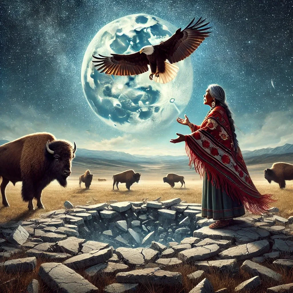 An Indigenous elder woman in a red fringed shawl raises her hands toward a bald eagle flying before a large moon in a starry sky, with bison grazing on the prairie near broken stones.