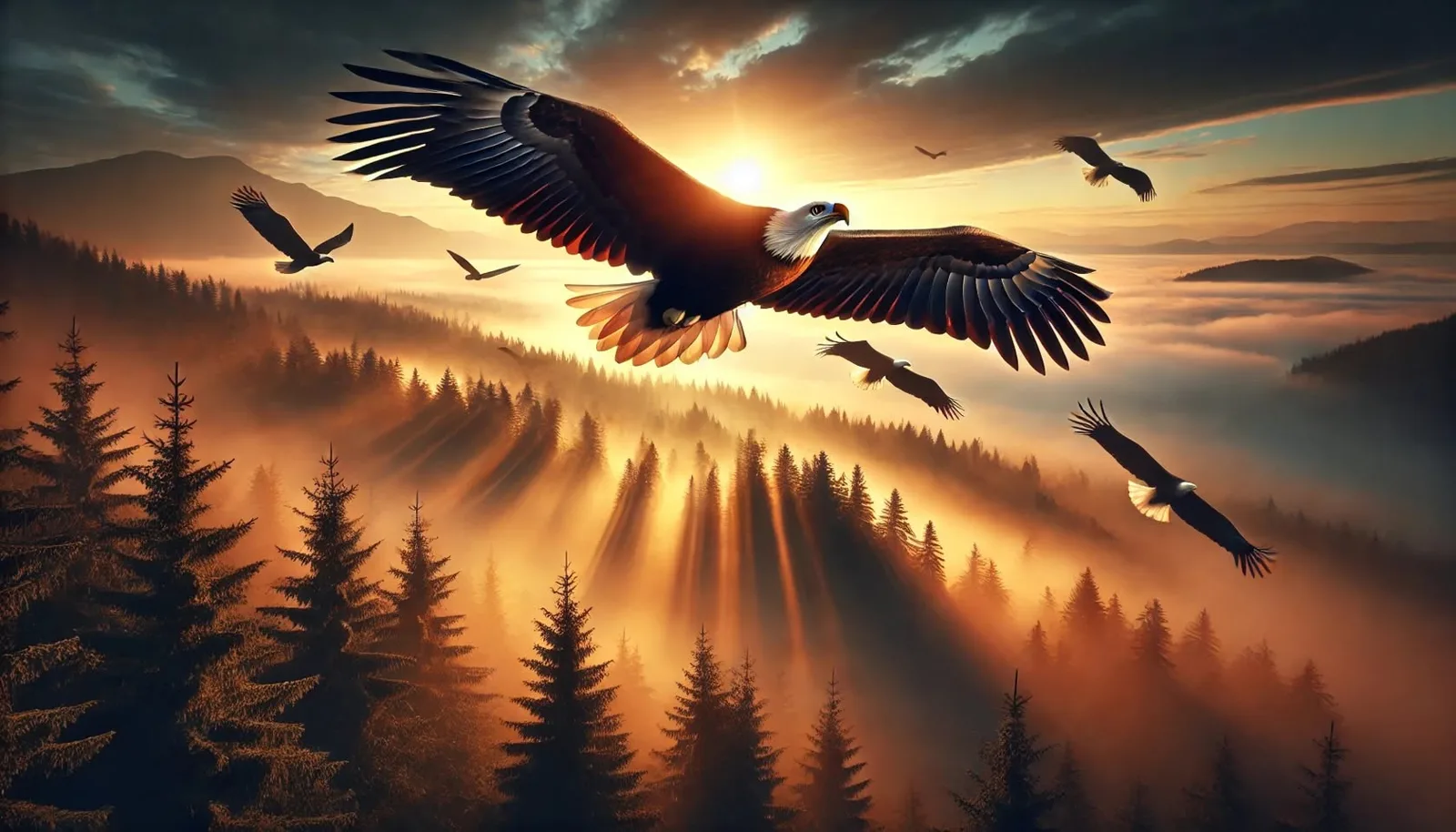 A bald eagle soars with outstretched wings over a misty evergreen forest at sunrise, golden light streaming through the trees as several other eagles fly nearby.