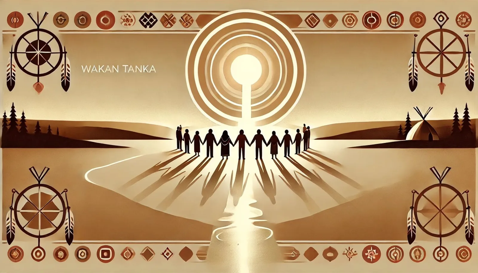 Illustration in warm sepia tones of silhouetted people holding hands in a line beneath a glowing sun of concentric circles, with a river, hills, a tipi, and the words "Wakan Tanka," framed by medicine wheels and feathers.