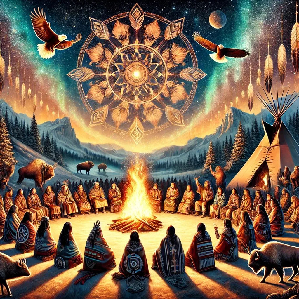 Painting of Indigenous people in blankets seated in a circle around a large fire at night beside a tipi, with bison, mountains, eagles in flight and a glowing medicine wheel in the starry sky.