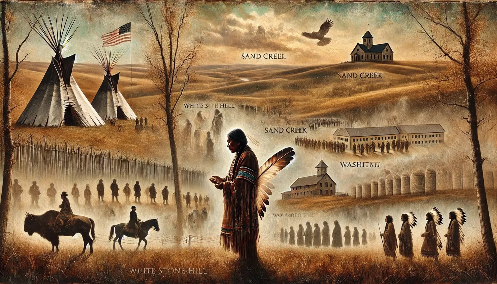 Sepia-toned painted collage of the Great Plains with tipis, a flag, a church, boarding school buildings and lines of Native people, labeled Sand Creek, White Stone Hill, Washita and Wounded Knee; an elder in fringed regalia stands holding an eagle feather.