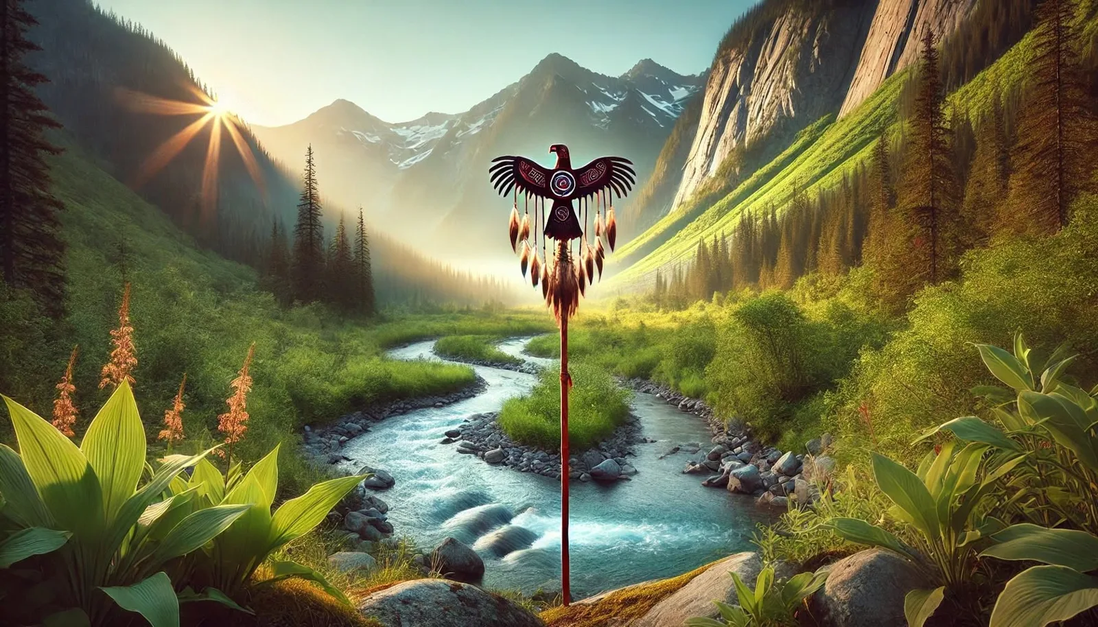 A carved eagle staff with outstretched wings and hanging feathers stands beside a winding mountain river, with sunlight breaking over a green valley and snowy peaks.