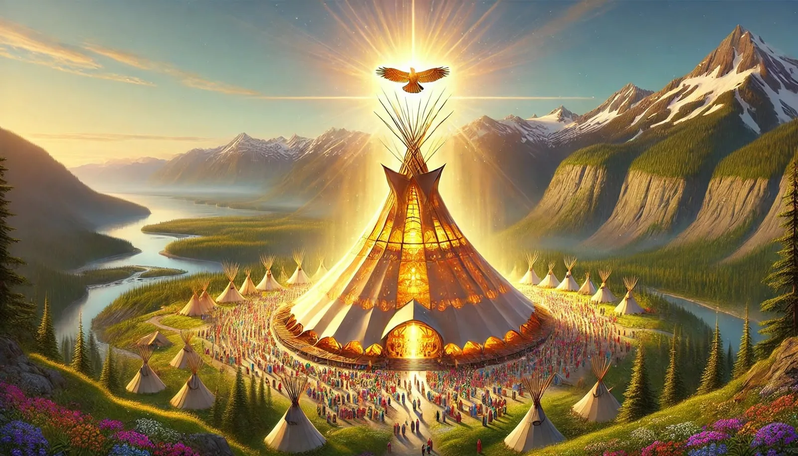 A painting of a vast glowing tipi lodge on a mountain meadow, an eagle soaring in a burst of sunlight above it, crowds in colorful dress and smaller tipis encircling it beside a river.