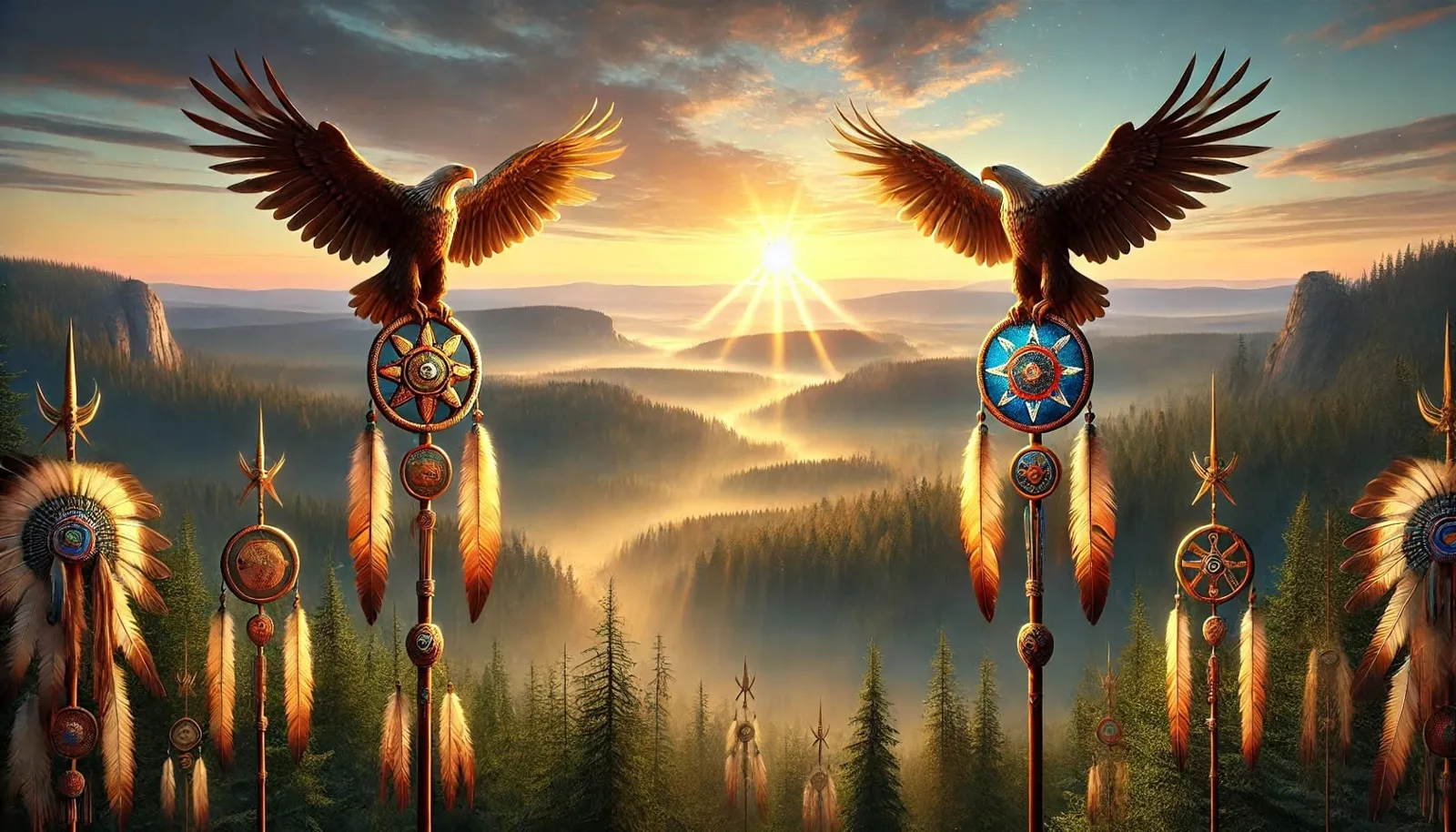 Two eagles with outstretched wings perch atop feathered ceremonial staffs adorned with medicine wheel shields, framing a sunrise over a misty forested valley.