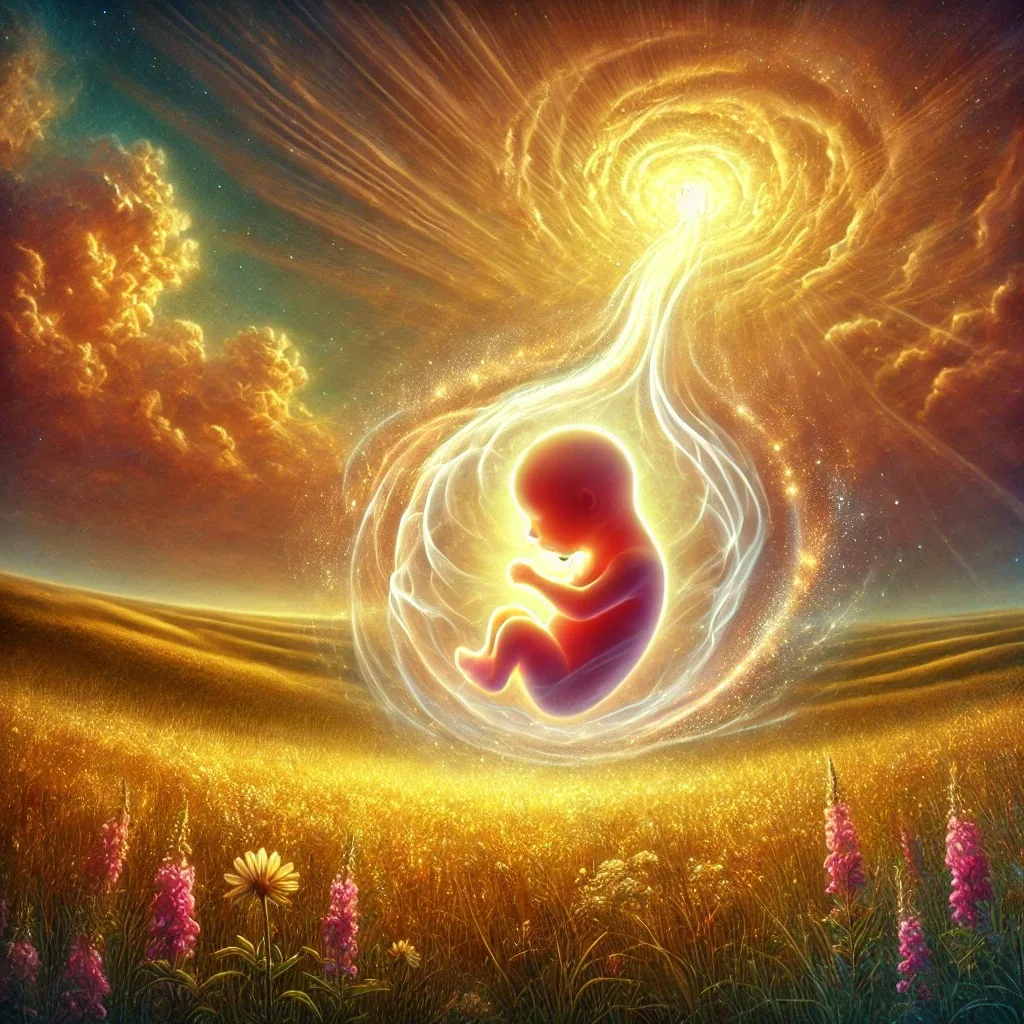 Painting of a glowing embryo within a translucent swirl of light, connected by a luminous stream to a radiant spiral in a golden sky above a meadow of grass and pink wildflowers.