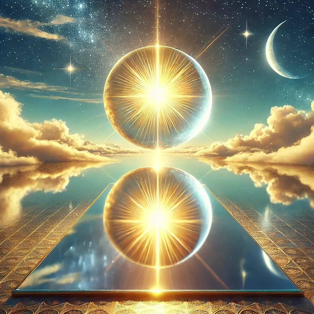 A radiant golden sphere glowing in a starry sky with a crescent moon and clouds, reflected in a mirror-like surface resting on an ornate golden floor.