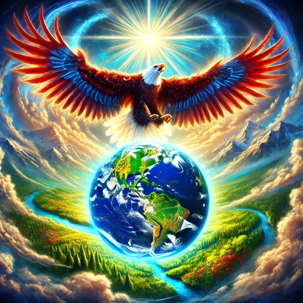 Ilustración de un águila de cabeza blanca con alas rojas y azules extendidas sobre la Tierra, bajo un sol radiante, rodeada de montañas, bosques verdes y ríos.