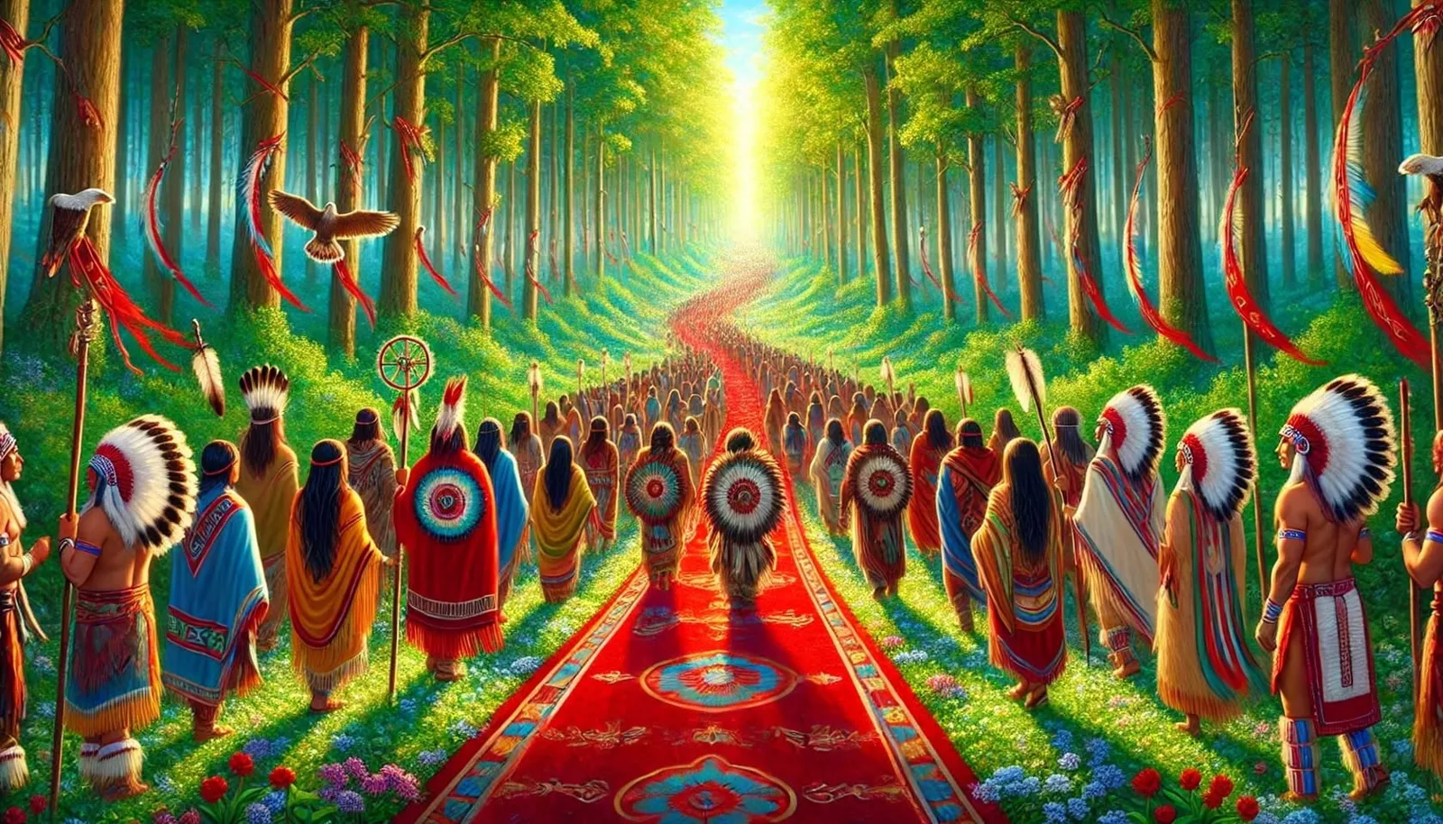 Painting of a procession of Indigenous people in regalia and feather headdresses walking a long red carpet path through a sunlit forest hung with red ribbons, eagles overhead.