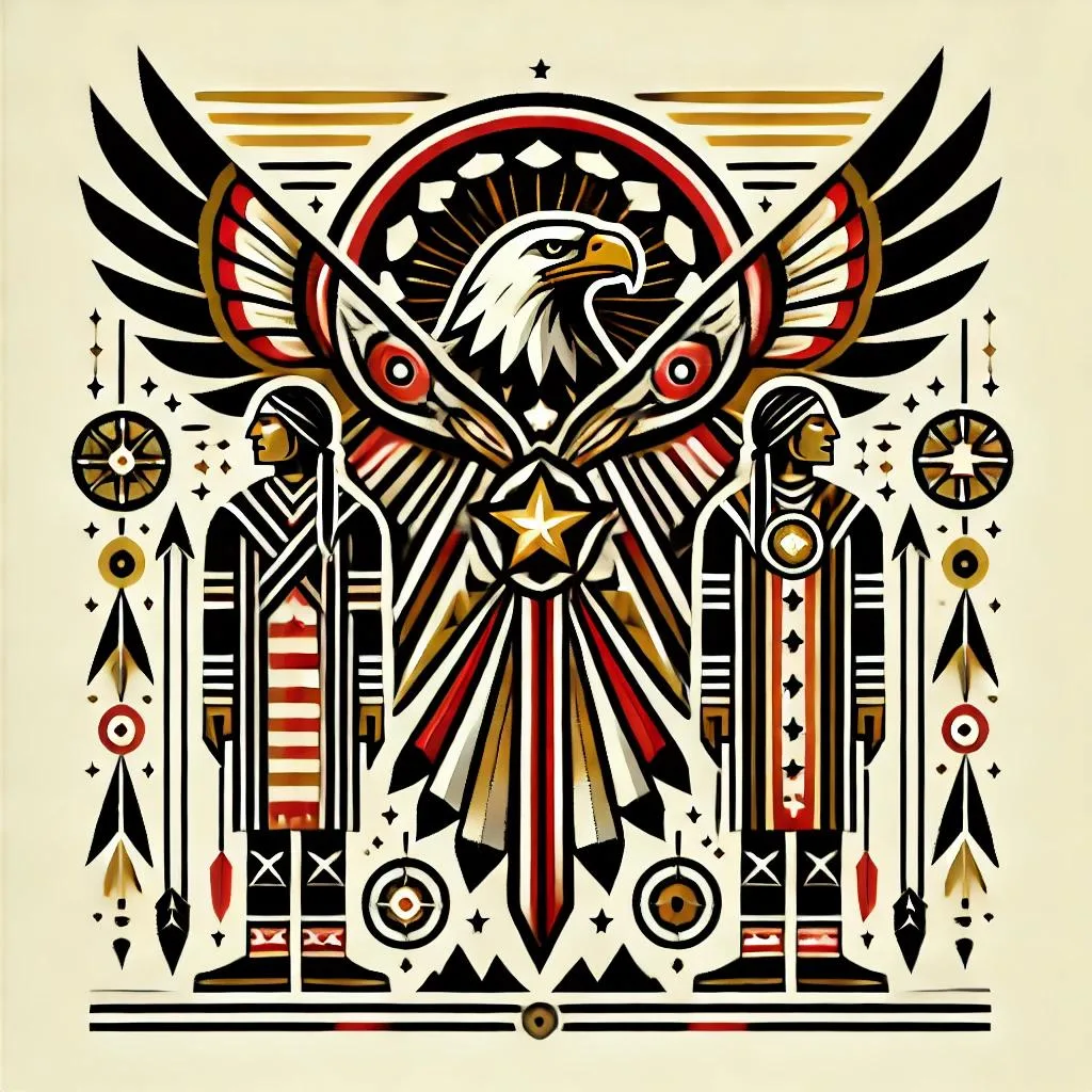 Ilustración estilizada en negro, rojo y dorado: un águila con alas extendidas sobre una estrella, flanqueada por dos figuras indígenas con túnicas a rayas, flechas y ruedas medicinales.