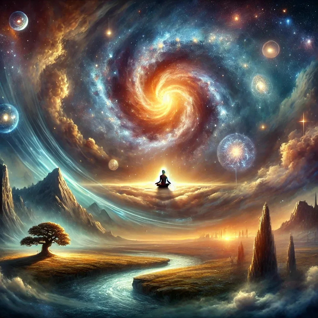 Painting of a figure meditating cross-legged above golden clouds beneath a swirling galaxy and glowing orbs, with mountains, a lone tree and a winding river below.