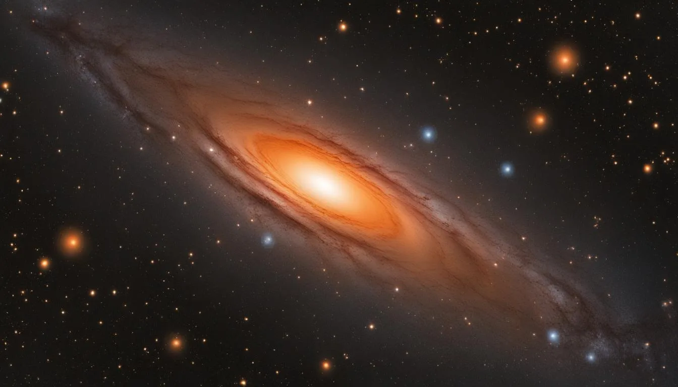 A spiral galaxy seen at a steep angle against black space, its glowing orange core wrapped in dark dust lanes, surrounded by scattered orange and blue stars.