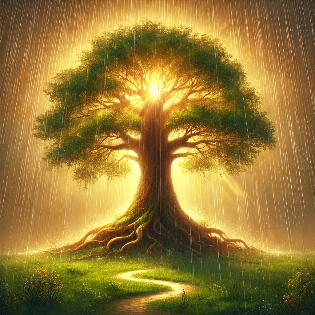 A great tree with spreading branches and exposed roots stands in a green meadow under falling rain, golden sunlight glowing through its canopy above a winding path.