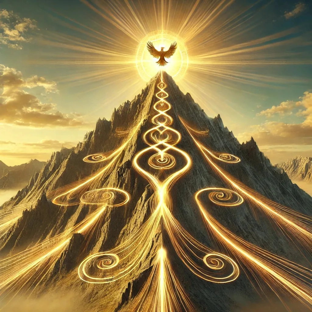 A towering rocky mountain at sunrise, with glowing golden spirals and streams of light flowing up its face to a radiant eagle at the summit.