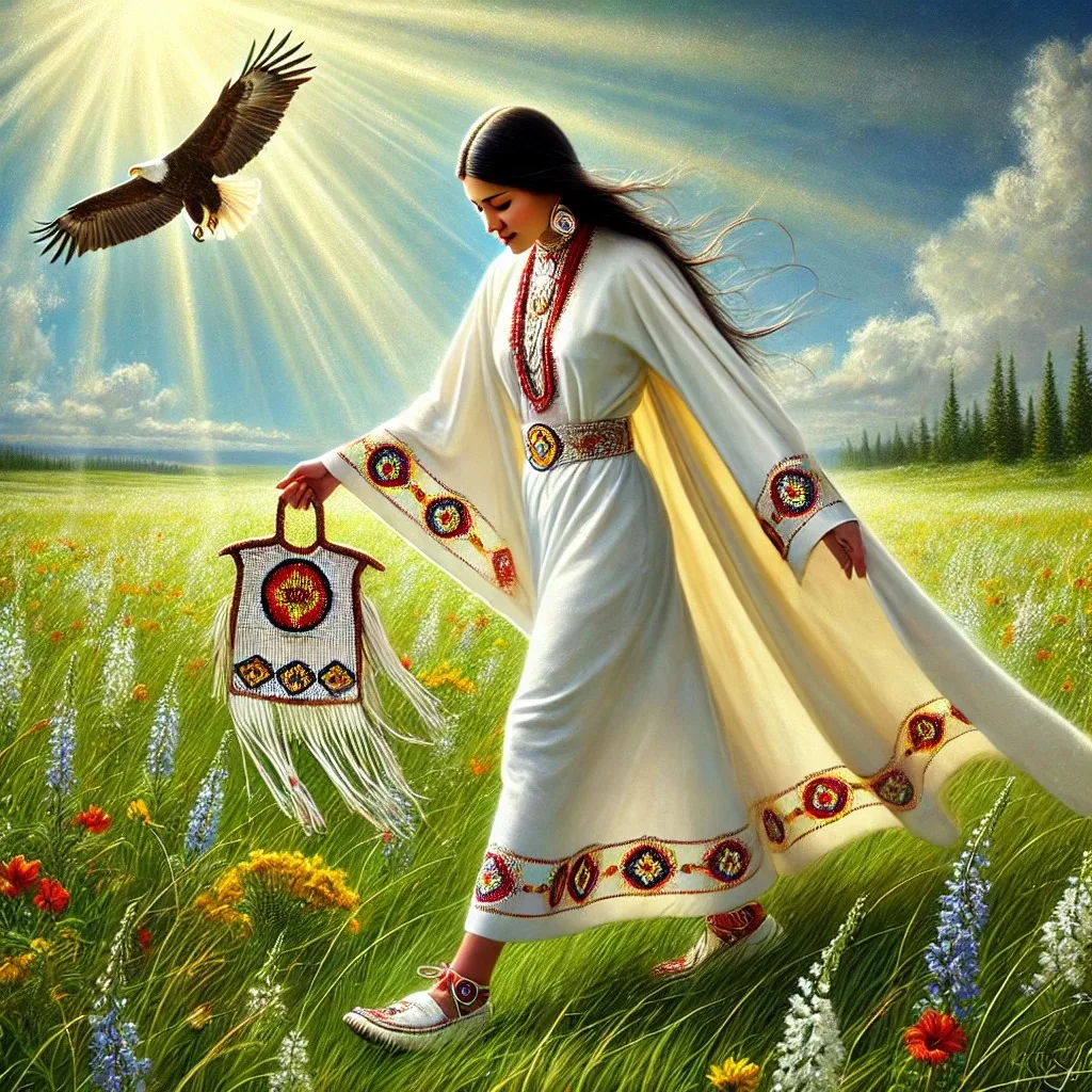 Painting of a young Indigenous woman in a flowing white dress with beaded trim and moccasins, walking through a wildflower prairie holding a fringed beaded bag as an eagle flies in rays of sunlight.