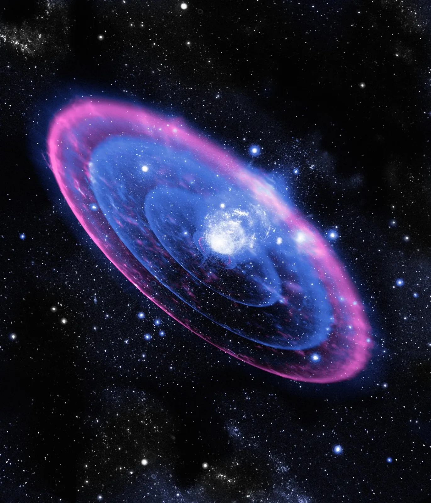 A glowing supernova remnant against a starry black sky, its expanding rings of blue and pink gas surrounding a bright white center.