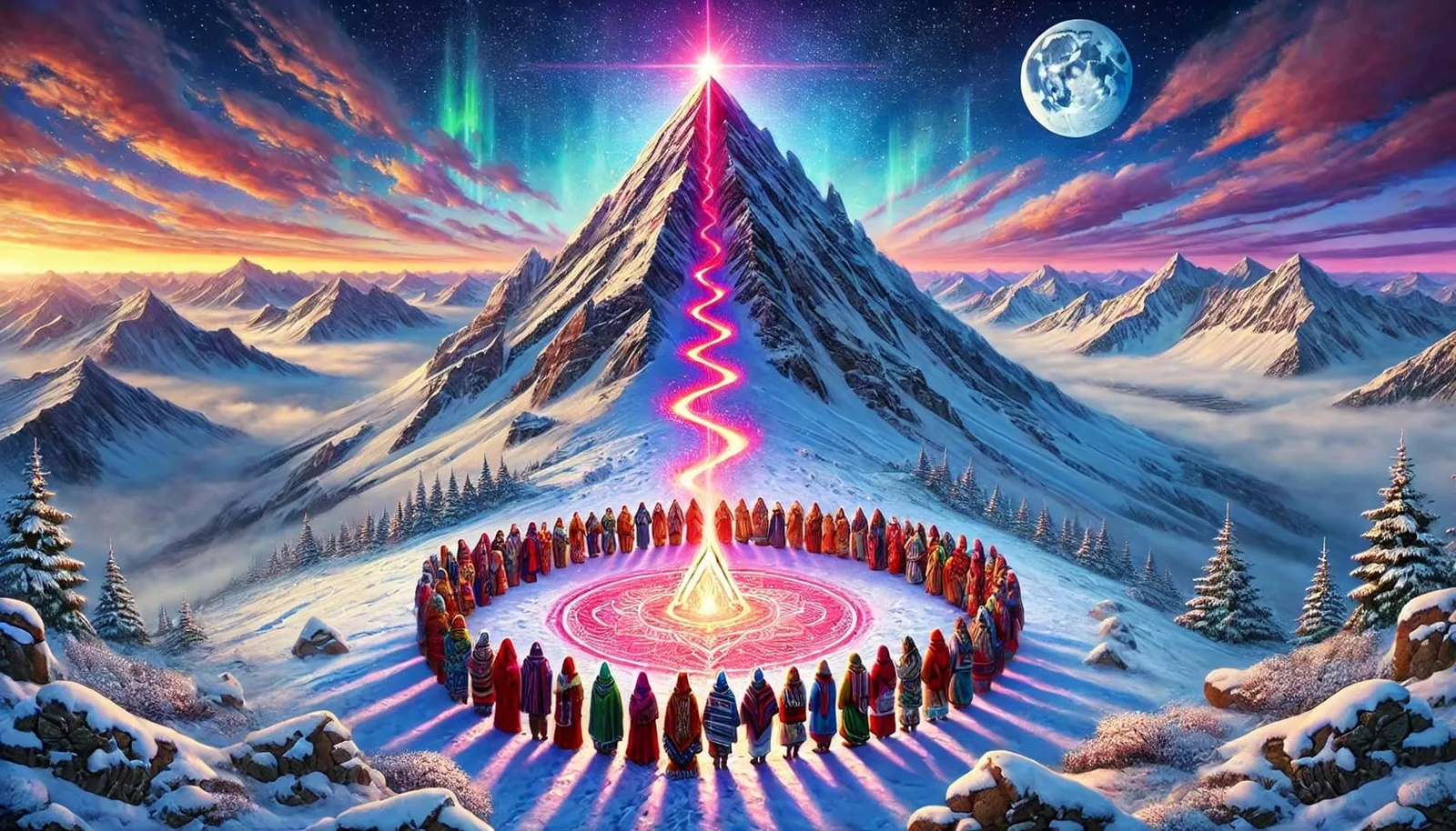 Digital painting of a circle of people in colorful robes standing in snow around a glowing pink mandala and fire, with a light beam rising up a snowy peak beneath a star, moon and aurora.
