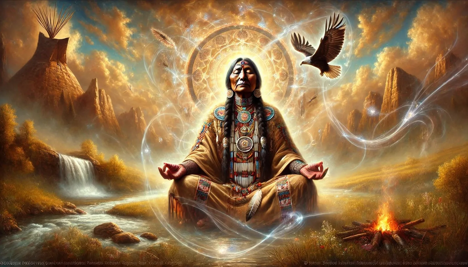 Pintura de un anciano indígena de largas trenzas y vestimenta ceremonial con cuentas, meditando con los ojos cerrados junto a un río, una cascada y un fuego, con un águila en vuelo y un círculo de luz dorada detrás.