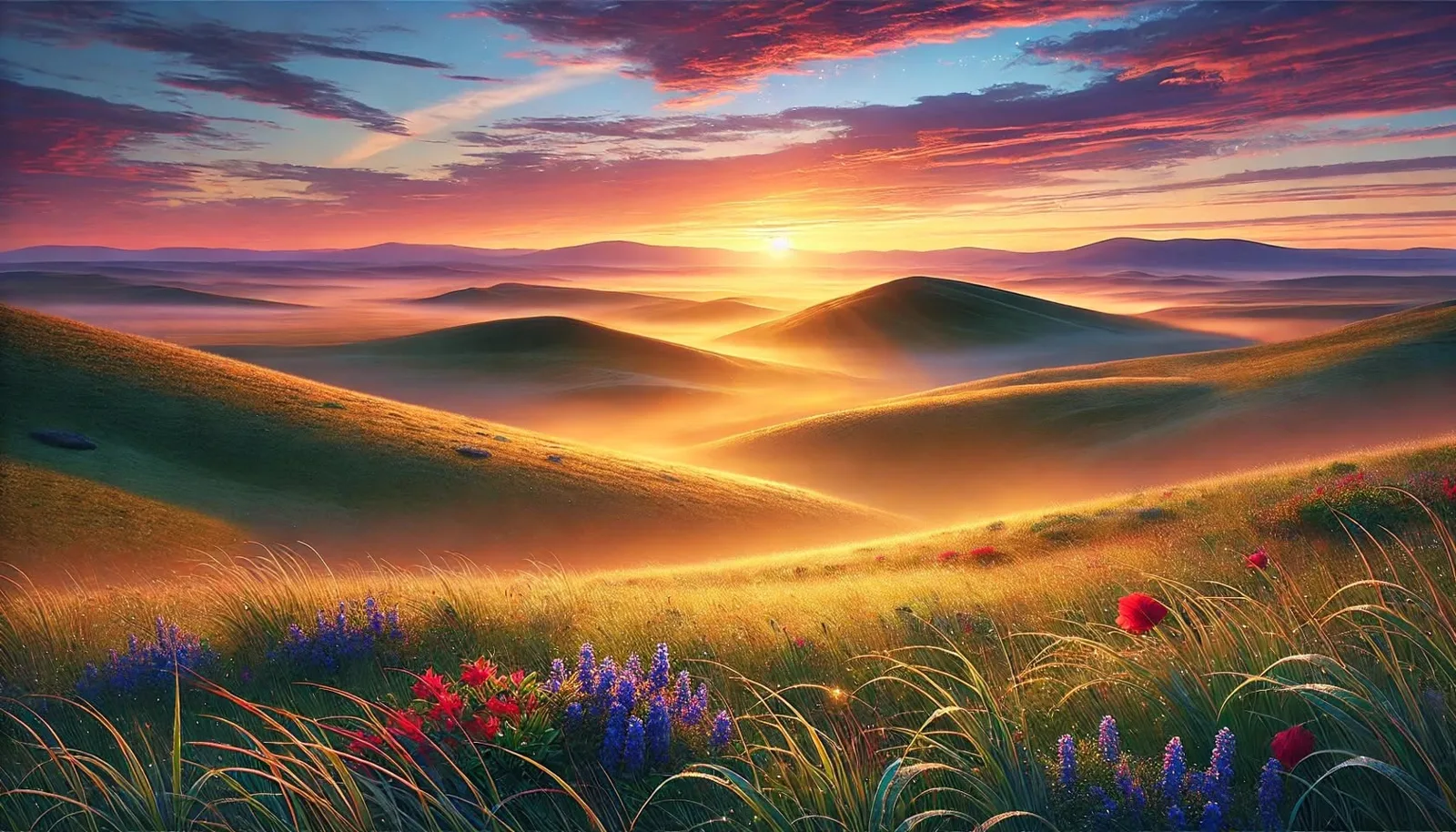 Colinas verdes cubiertas de niebla al amanecer, con el sol en el horizonte bajo un cielo de nubes rosadas y moradas, y flores silvestres azules y rojas en primer plano.