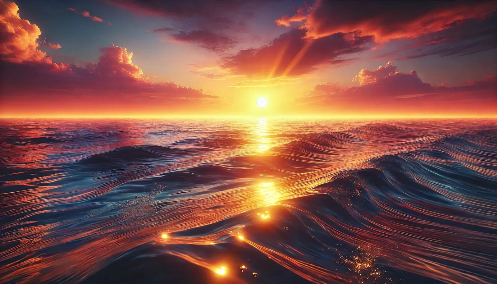A radiant sun sets on the horizon over a rolling ocean, casting a golden path across the waves beneath a sky of orange, red and purple clouds.