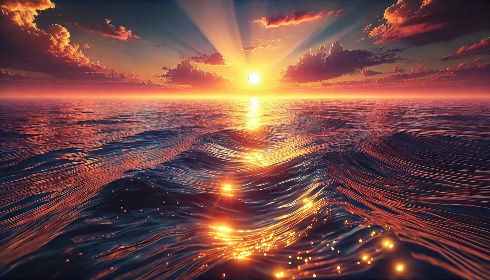 Sol brillante sobre el horizonte del océano, con rayos de luz entre nubes doradas y rojizas que se reflejan en un camino luminoso sobre las olas.