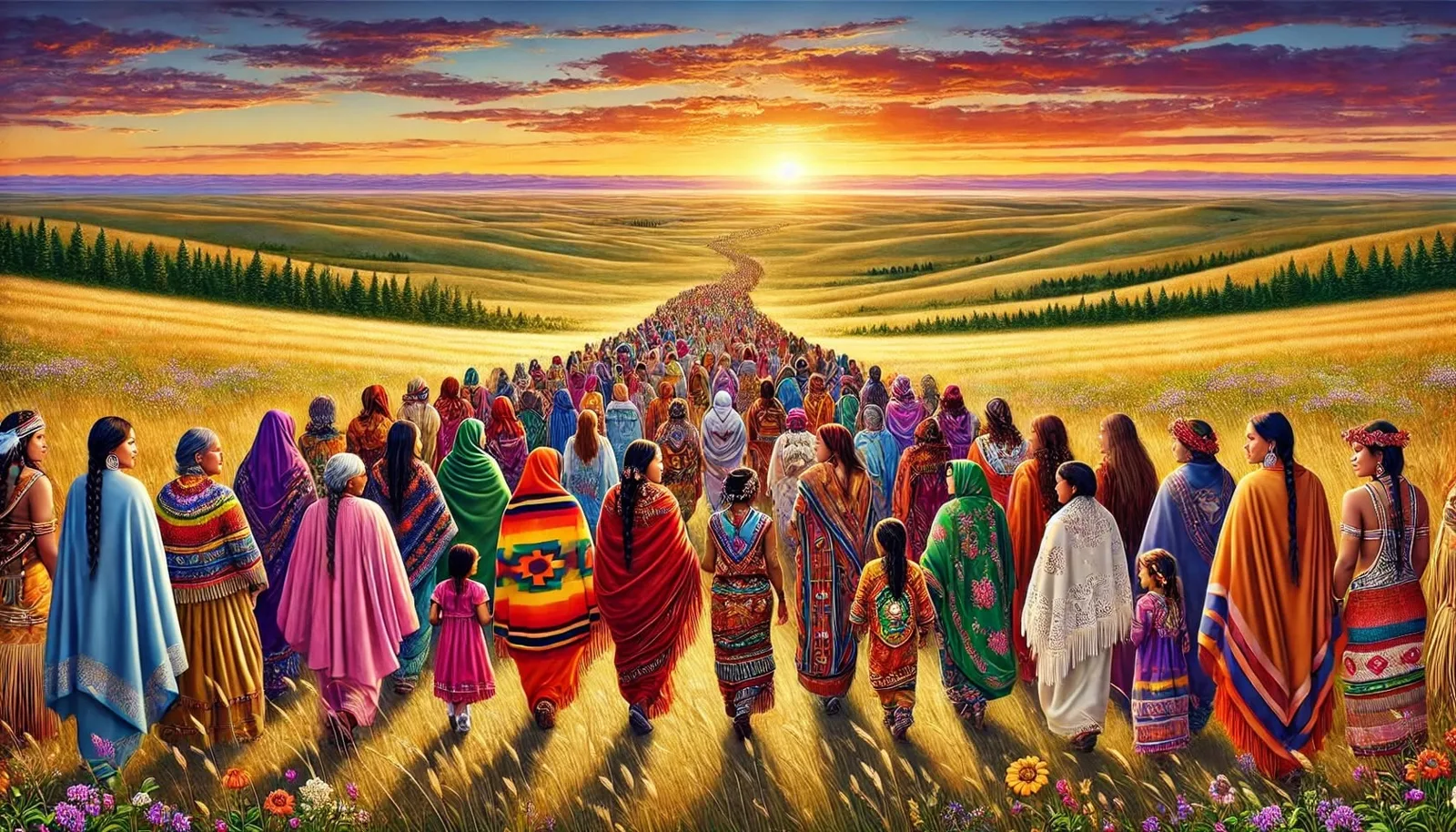 Pintura de una gran multitud de mujeres y niñas con chales y vestimentas tradicionales de colores, caminando por una pradera dorada hacia el sol del atardecer.