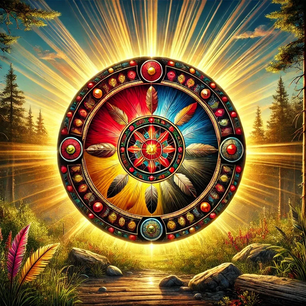 Ilustración de un escudo circular sagrado con plumas sobre cuadrantes rojo, azul, amarillo y negro, bordeado de cuentas, radiante de luz en un bosque al amanecer.