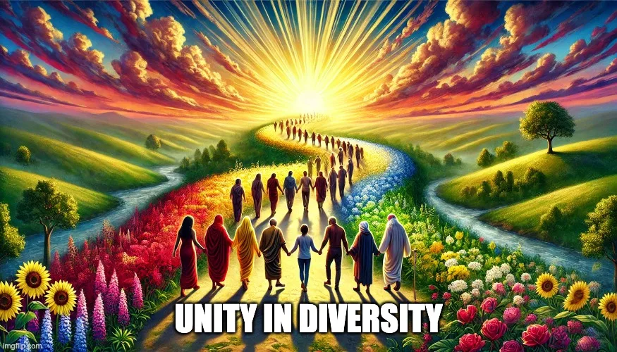 Painting of diverse people holding hands as they walk a winding path through colorful flowers toward a radiant sunrise over green hills, with the words "Unity in Diversity".
