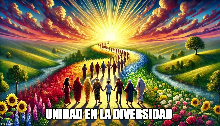 Ilustración de personas diversas tomadas de la mano que caminan por un sendero entre flores rojas, amarillas y blancas hacia un sol radiante, con el texto «Unidad en la diversidad».