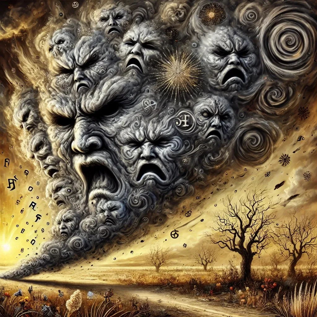 Pintura de una tormenta gris formada por rostros furiosos que gritan, con remolinos y símbolos dispersos, avanzando sobre una pradera seca con árboles sin hojas bajo un cielo dorado.
