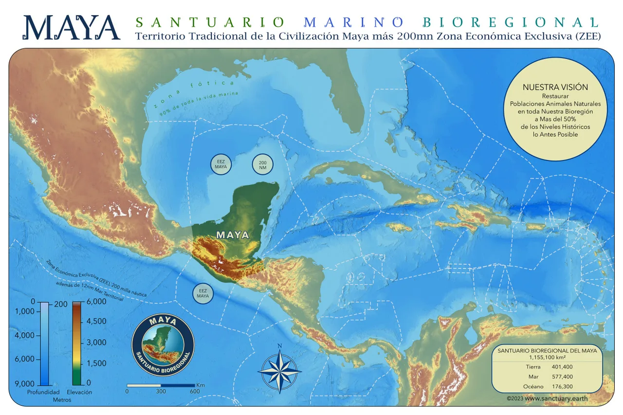 Mapa en relieve de México, Centroamérica y el Caribe que destaca el Santuario Marino Biorregional Maya, con su zona económica exclusiva y la visión de restaurar las poblaciones animales a más del 50%.